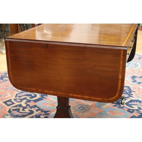 136 - Antique George III mahogany, satinwood crossbanded & ebony inlaid sofa table, the twin flap rectangu... 