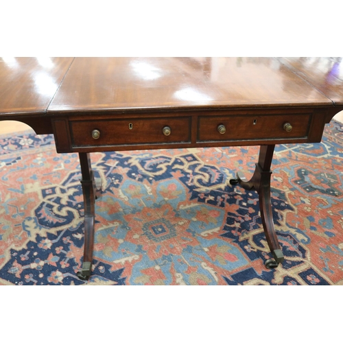 136 - Antique George III mahogany, satinwood crossbanded & ebony inlaid sofa table, the twin flap rectangu... 