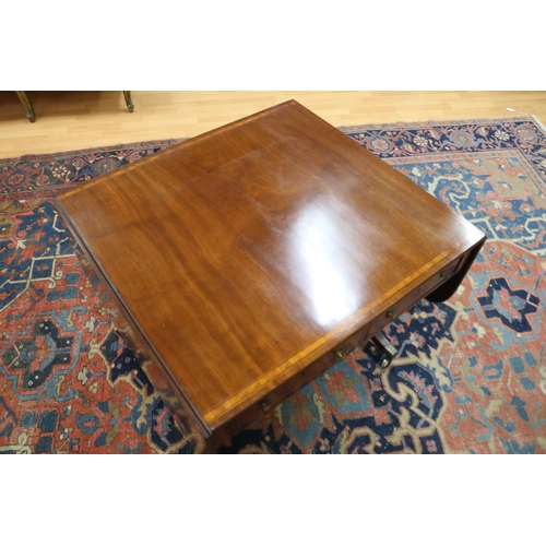 136 - Antique George III mahogany, satinwood crossbanded & ebony inlaid sofa table, the twin flap rectangu... 