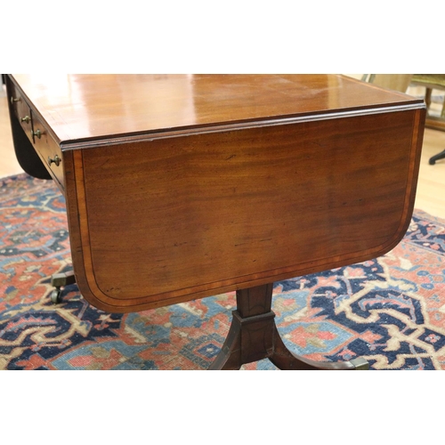 136 - Antique George III mahogany, satinwood crossbanded & ebony inlaid sofa table, the twin flap rectangu... 