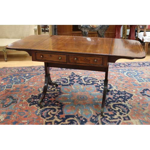 136 - Antique George III mahogany, satinwood crossbanded & ebony inlaid sofa table, the twin flap rectangu... 