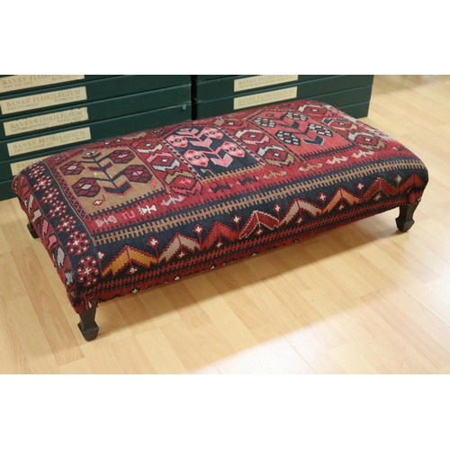 184 - Rectangular Kilim carpet upholstered foot stool, approx 26cm H x 104cm W x 56cm D