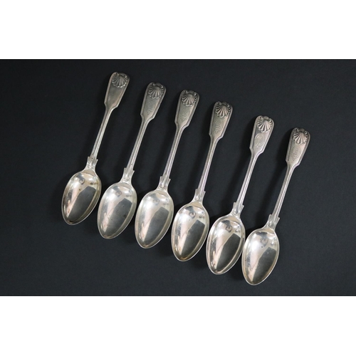 123 - Set of six antique sterling silver spoons, one matched, Sheffield various dates, John Round and Son ... 