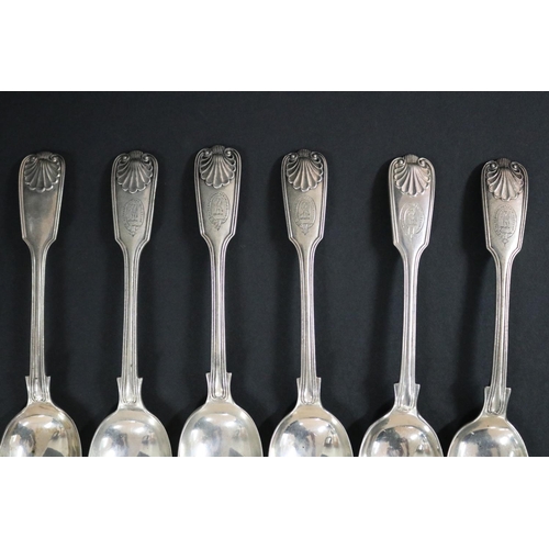 123 - Set of six antique sterling silver spoons, one matched, Sheffield various dates, John Round and Son ... 