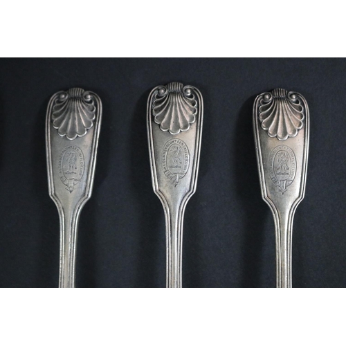 123 - Set of six antique sterling silver spoons, one matched, Sheffield various dates, John Round and Son ... 