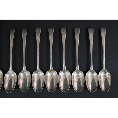127 - Set of ten antique George III hallmarked sterling silver spoons with servers, London 1770-71, George... 