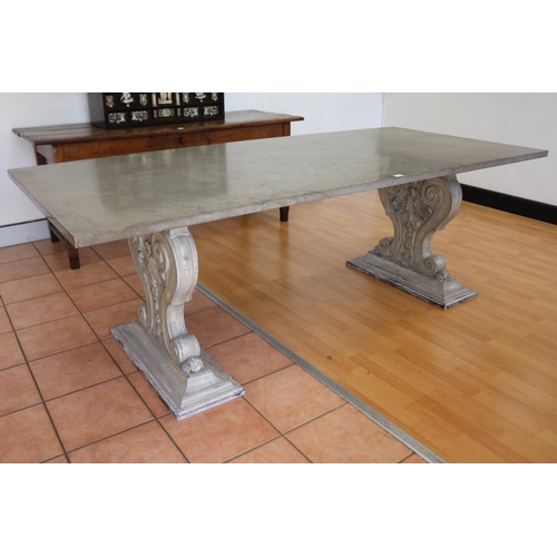 176 - Impressive rectangular topped stone table, twin pedestal wooden supports, approx 76cm H x 220cm W x ... 