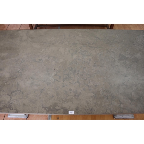 176 - Impressive rectangular topped stone table, twin pedestal wooden supports, approx 76cm H x 220cm W x ... 