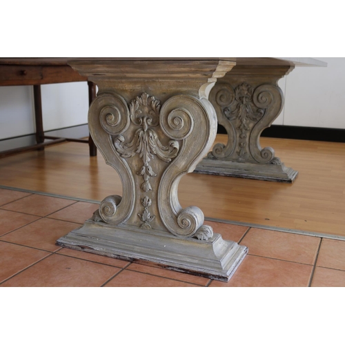 176 - Impressive rectangular topped stone table, twin pedestal wooden supports, approx 76cm H x 220cm W x ... 