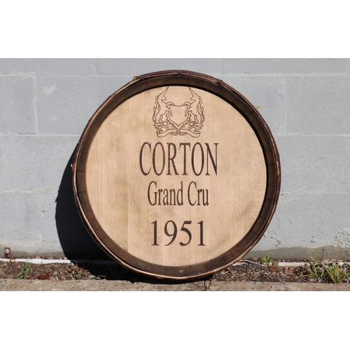 482 - Vintage French wine barrel front marked CORTON Grand Cru 1951, approx 75 dia