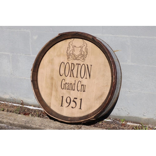 482 - Vintage French wine barrel front marked CORTON Grand Cru 1951, approx 75 dia