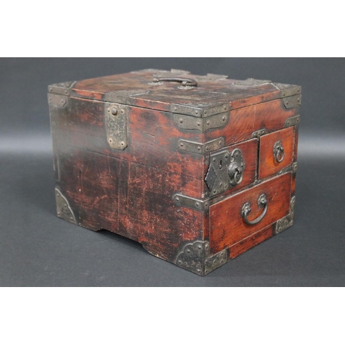 178 - Antique Japanese Edo period travelling box, metal bound, fitted with two long drawers & hinged cover... 