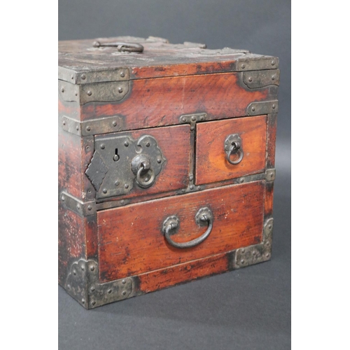 178 - Antique Japanese Edo period travelling box, metal bound, fitted with two long drawers & hinged cover... 