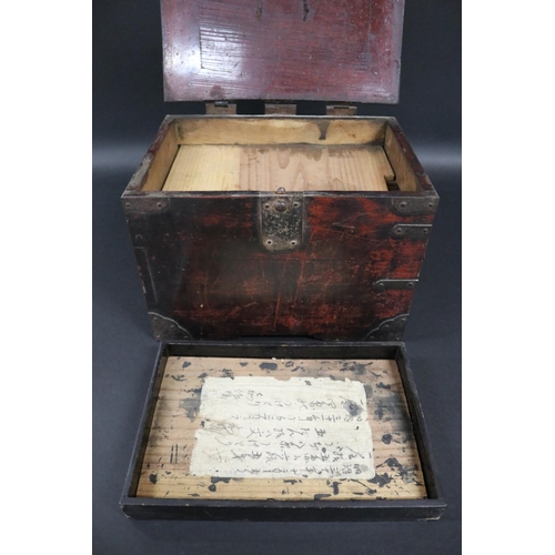 178 - Antique Japanese Edo period travelling box, metal bound, fitted with two long drawers & hinged cover... 