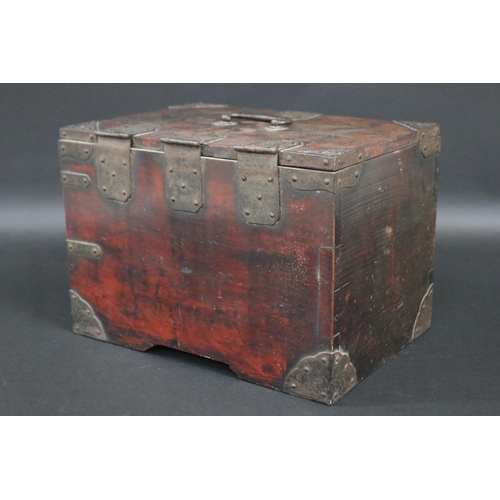 178 - Antique Japanese Edo period travelling box, metal bound, fitted with two long drawers & hinged cover... 