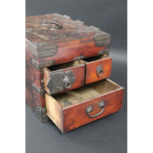 178 - Antique Japanese Edo period travelling box, metal bound, fitted with two long drawers & hinged cover... 