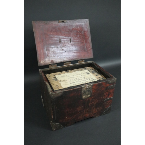 178 - Antique Japanese Edo period travelling box, metal bound, fitted with two long drawers & hinged cover... 
