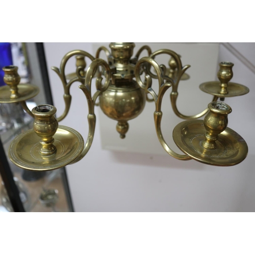 20 - Antique early 17th century Dutch six stick brass chandelier, approx 37cm H x 48cm W