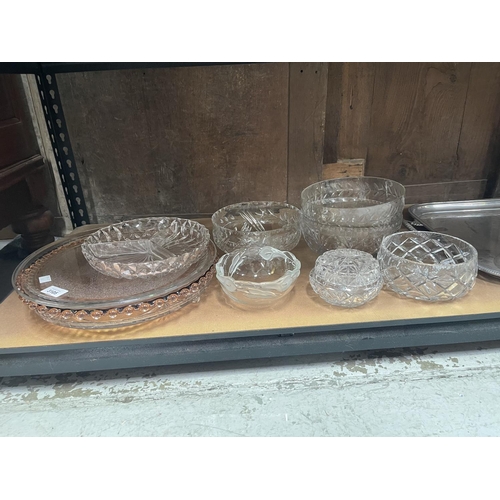 516 - Vintage crystal and glassware bowls and pink glass trays, approx 37cm Dia and smaller (10)