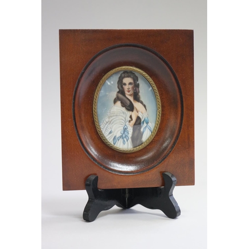 520 - French miniature of a female, approx 8cm H x 6.5cm W & frame approx 16.5cm H x 14cm W