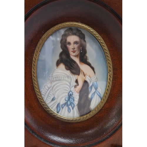 520 - French miniature of a female, approx 8cm H x 6.5cm W & frame approx 16.5cm H x 14cm W