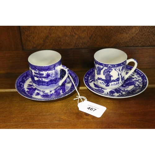 535 - Assortment of blue and white porcelain to include two Japanese cups and saucers with Geisha hologram... 