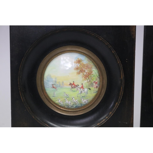 553 - Pair of circular miniature hunting scenes in ebonized frames, each approx 12cm Sq frame size (2)