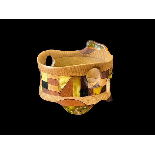170 - Unusual contemporary wooden inlay and amber resin bracelet