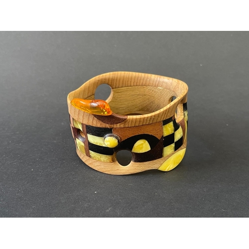 170 - Unusual contemporary wooden inlay and amber resin bracelet