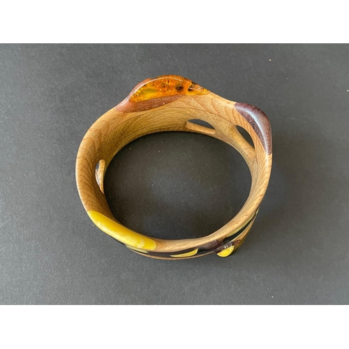 170 - Unusual contemporary wooden inlay and amber resin bracelet