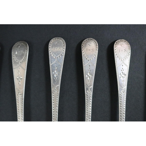 195 - Set of six antique Georgian hallmarked sterling silver bright cut teaspoons, London 1795-96 maker IP... 