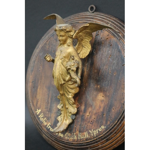 66 - Antique Relic from the Cloth Hall at Ypres, the gilt bronze figure of a winged Caryatid mounted to a... 