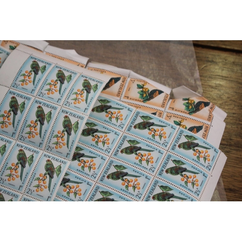 605 - Six sheets of unused New Zealand bird stamps-2 1/2D, 3D, Kakariki, Tieke, Kaka, Korora, Tarapunga, i... 