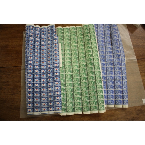 607 - Three sheets of stamps, New Zealand Red cross and Health, 1D, 2D and 3D, approx 120 stamps each shee... 