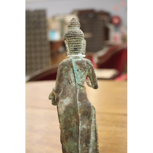 616 - Cast bronze standing Buddha, on double lotus base, tightly curled hair, approx 27.5 cm high