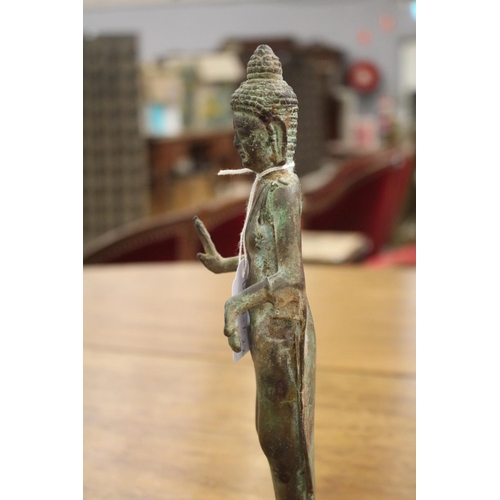 616 - Cast bronze standing Buddha, on double lotus base, tightly curled hair, approx 27.5 cm high