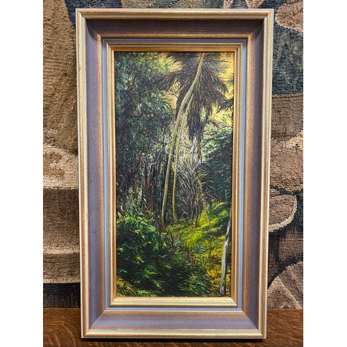 648 - Unknown, rainforest scene, oil on board, signed lower left, approx 39.5cm x 18.5cm