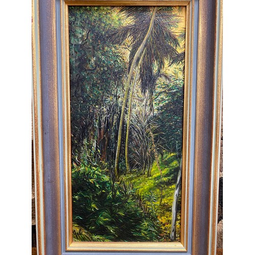 648 - Unknown, rainforest scene, oil on board, signed lower left, approx 39.5cm x 18.5cm