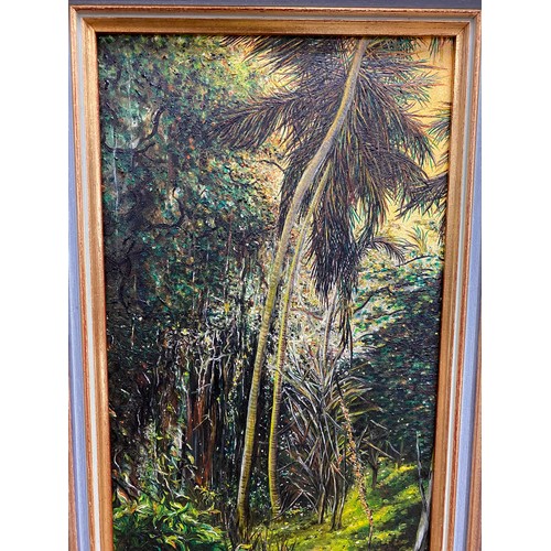 648 - Unknown, rainforest scene, oil on board, signed lower left, approx 39.5cm x 18.5cm