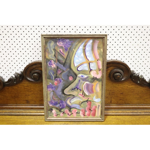 654 - Mixed media on board, abstract expressionist / surrealist, ‘Mind the View’, signed Conrad, approx 41... 