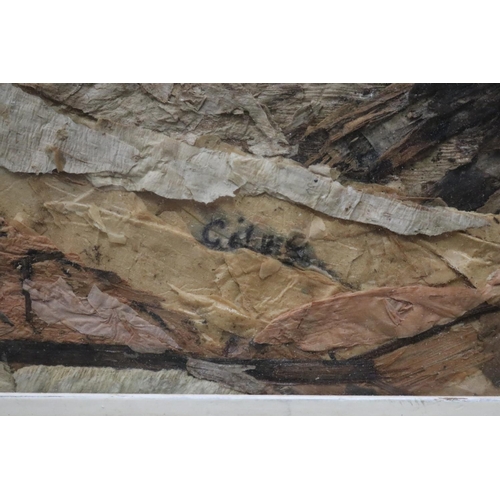 655 - G. Giles, natural bark picture of central Australia, approx 23cm x 28cm