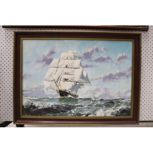 667 - Framed print of a sailing ship, approx 60cm x 82cm,