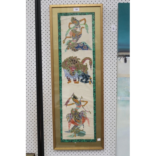 690 - South East Asian framed panel, painted dancing figures, approx 88cm x 25cm