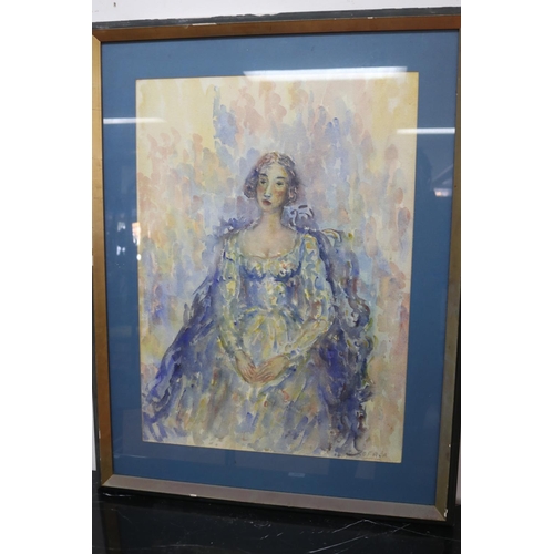 695 - Salvatore Zofrea, a watercolour of a woman in a crinoline, approx 74.5cm x 54cm & frame 97cm x 76cm