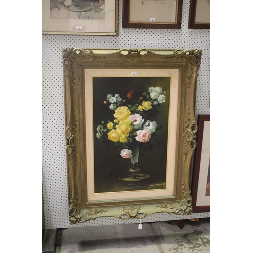 707 - Decorative oil on board still life, signed lower right, in an impressive frame, approx 86cm x 55cm