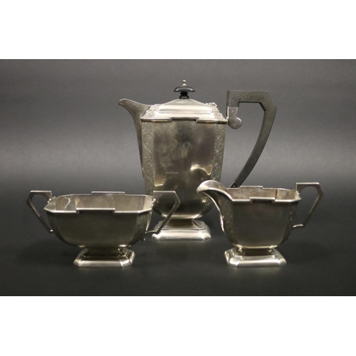 73 - Elizabeth II hallmarked sterling silver three piece coffee set comprising of a teapot, sugar and cre... 
