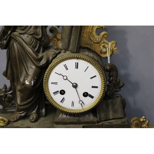 2 - Antique French figural mantle clock, break to leg, untested no pendulum, has key (in office C147.192... 