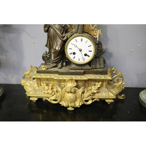 2 - Antique French figural mantle clock, break to leg, untested no pendulum, has key (in office C147.192... 