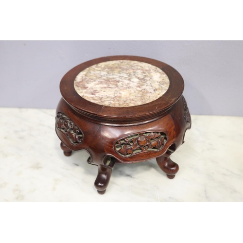 41 - Rosewood stand with pierced decorative sections with marble insert, approx 19cm H x 27cm Dia