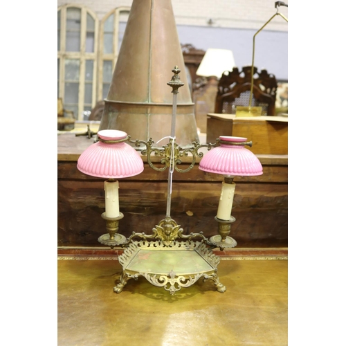 99 - Antique French desk lamp, with green onyx section & two pink glass shades, approx 40cm H x 34cm W